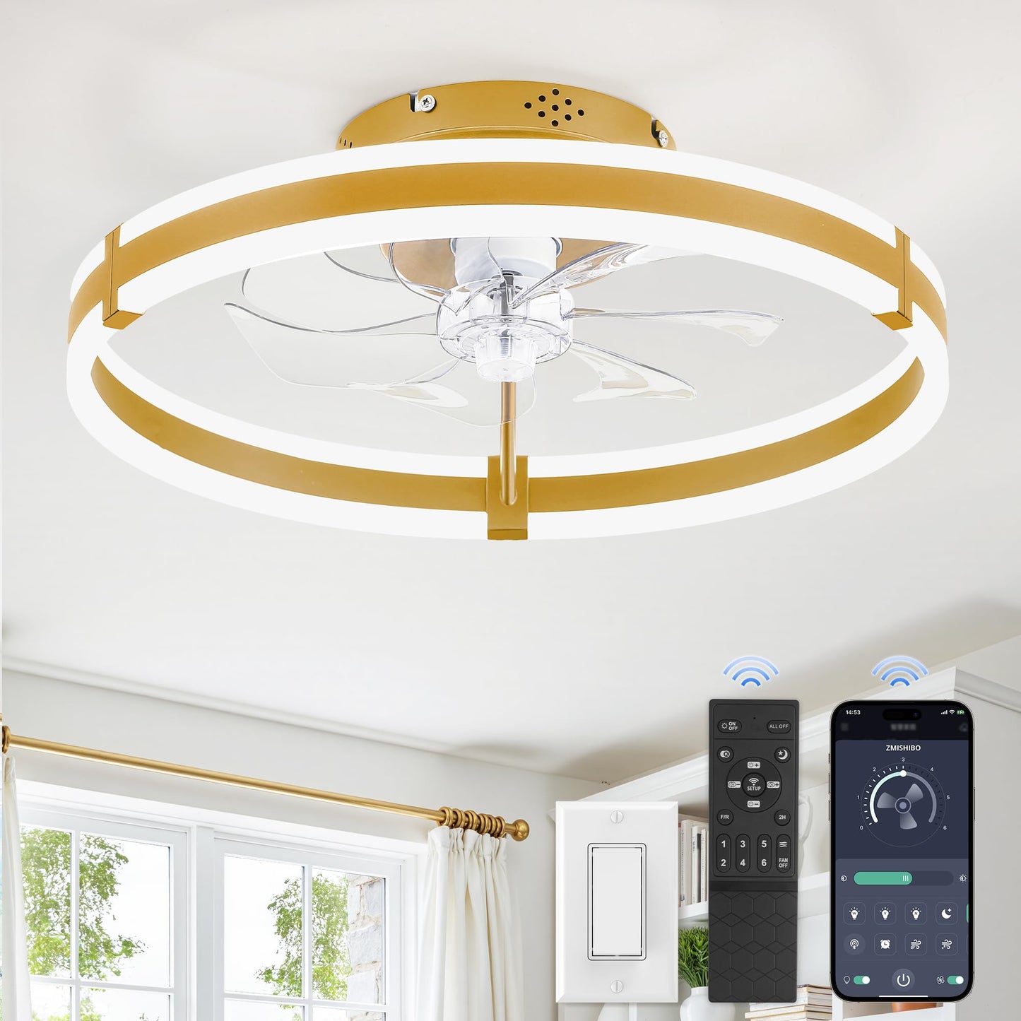 ZMISHIBO Low Profile 19.7'' Ceiling Fans with Lights and Remote, Black | 3000-6000K Dimmable LED Fandelier, Quiet DC Motor, Reversible Airflow, 6 Wind Speeds, Timer, Bedroom, Living Room, Kitchen