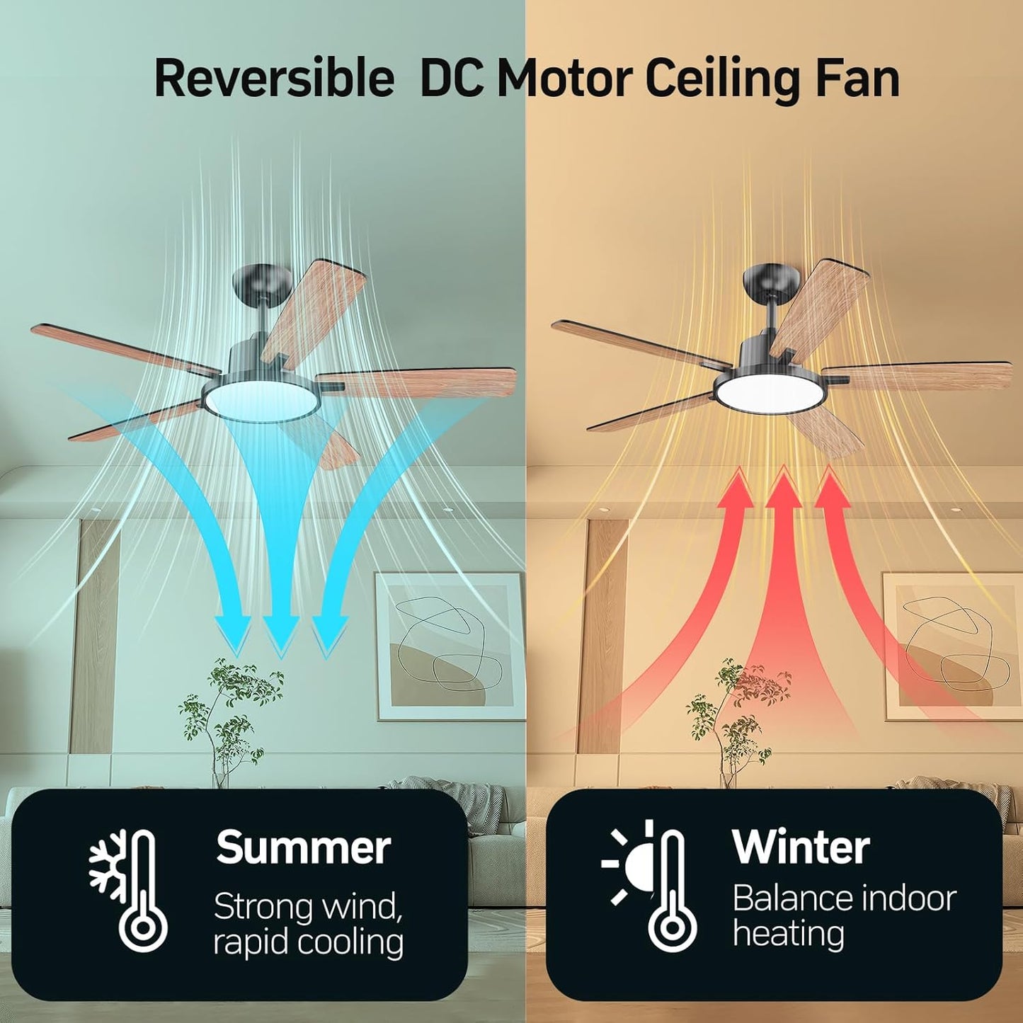 TALOYA 52 Inch Black Ceiling Fans with Lights Led Remote Control Flush Mount Low Profile for Bedroom Living Dining Room Outdoor Farmhouse Patio,Reversible,DC Motor,Diammable,Buzzer ON/Off,5 Blades