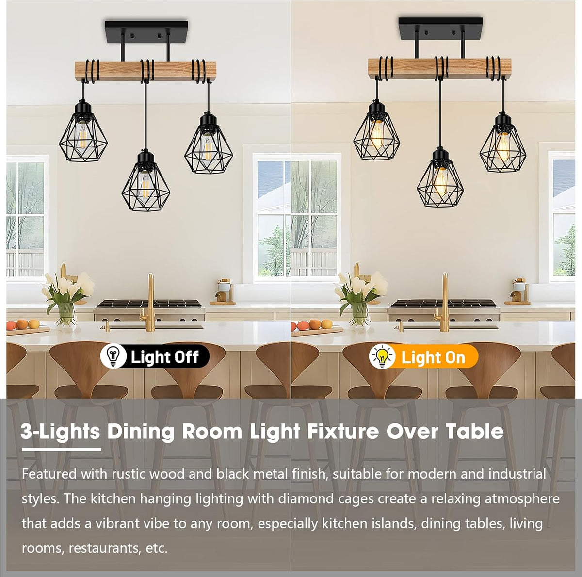 3-Lights Farmhouse Dining Room Pendant Light Fixtures Over Table, Rustic Solid Wood Kitchen Island Lighting Hanging with Metal Shades, Modern Black Ceiling Pendant Lamp for Living Room Hallway