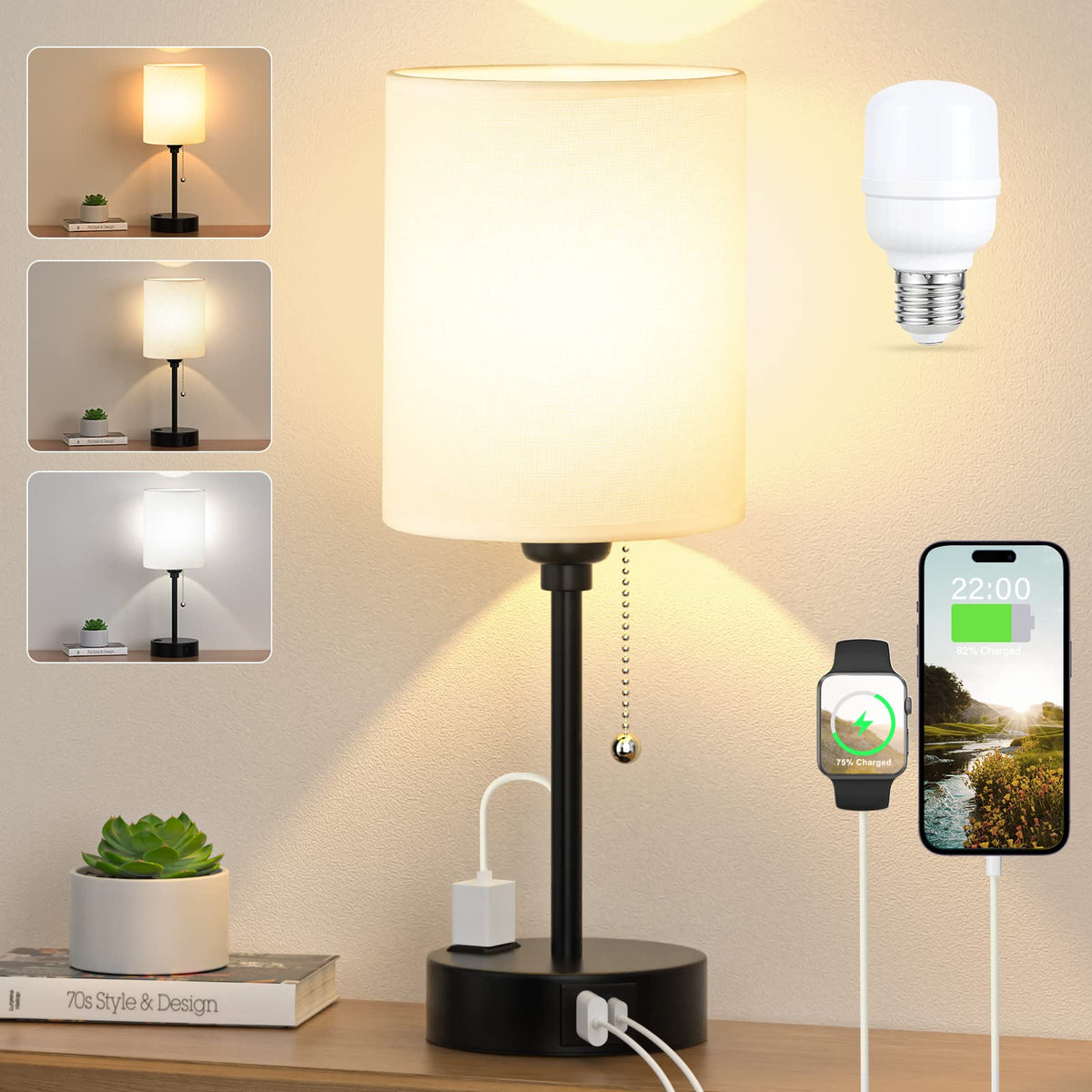 Dicoool Bedside Table Lamp for Bedroom - Small Desk Lamp with USB Ports | USB A+C Ports, AC Outlet, 3 Color Temperatures, LED Bulb Included, White Fabric Shade, Black Metal Base, 14" Nightstand lamp