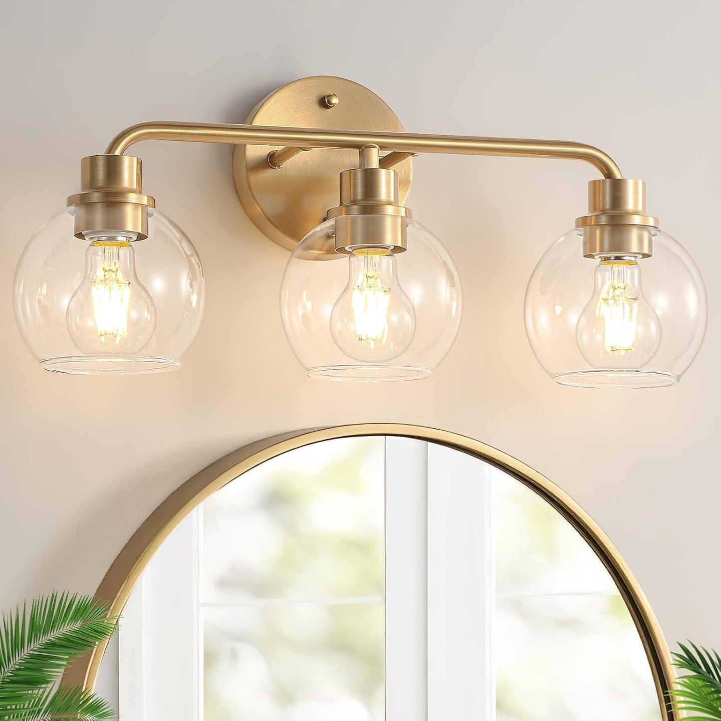 Bathroom Light Fixtures Gold Vanity Light 3 Light Brushed Brass | Wall Sconces Lighting with Clear Globe Glass Shades Bath Wall Lamp for Mirror Kitchen Living Room Bedroom Hallway