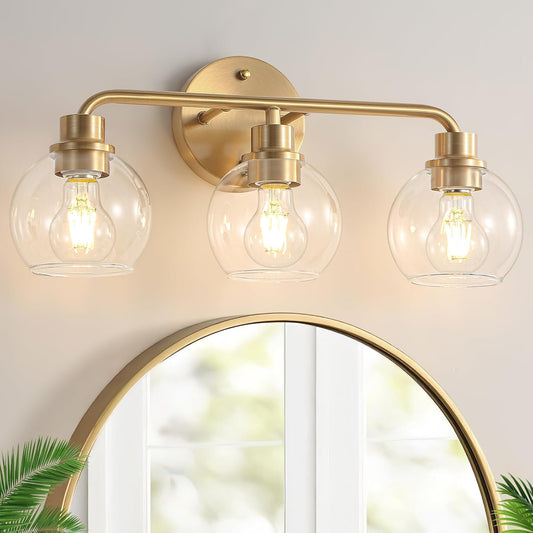 Bathroom Light Fixtures Gold Vanity Light 3 Light Brushed Brass | Wall Sconces Lighting with Clear Globe Glass Shades Bath Wall Lamp for Mirror Kitchen Living Room Bedroom Hallway
