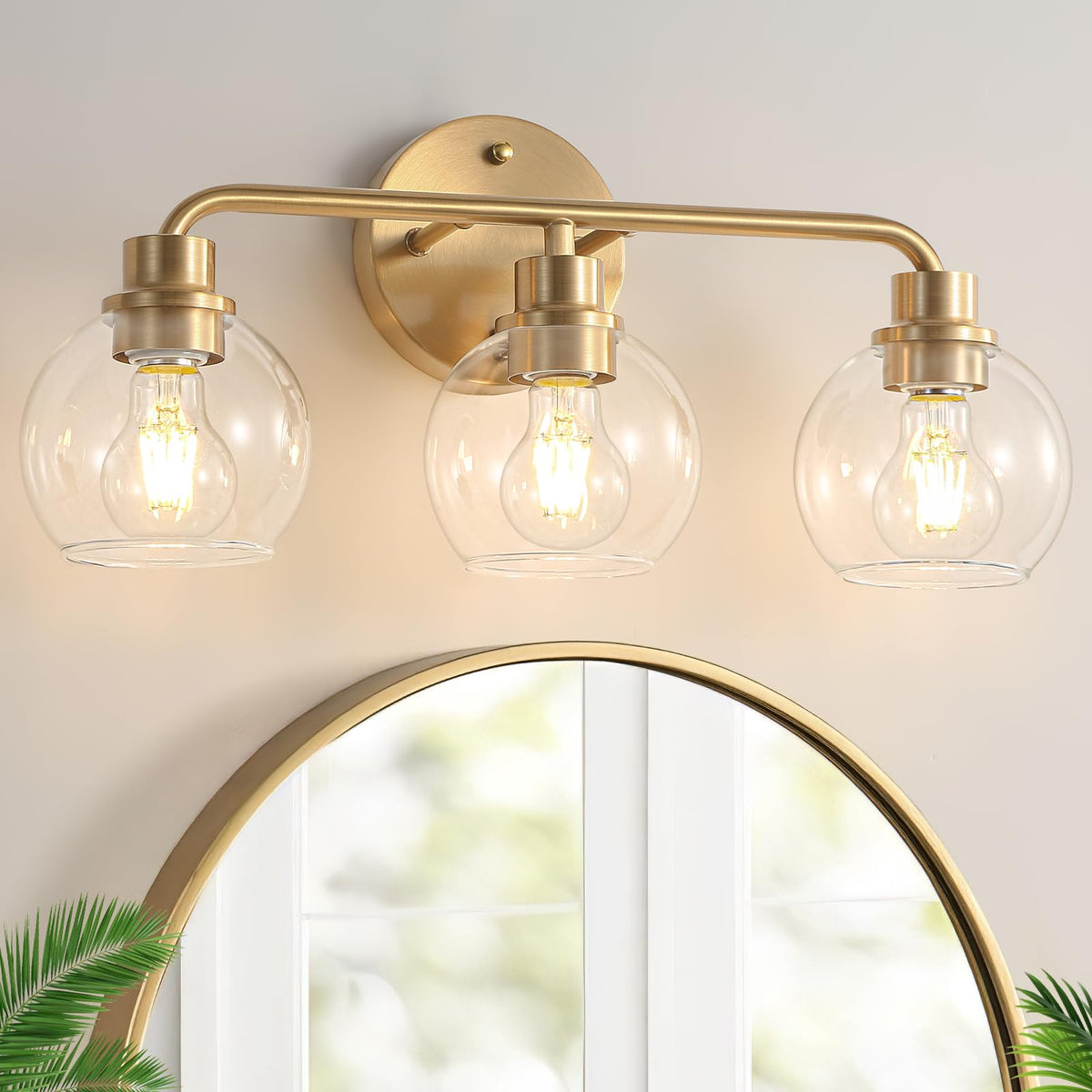 Bathroom Light Fixtures Gold Vanity Light 3 Light Brushed Brass | Wall Sconces Lighting with Clear Globe Glass Shades Bath Wall Lamp for Mirror Kitchen Living Room Bedroom Hallway