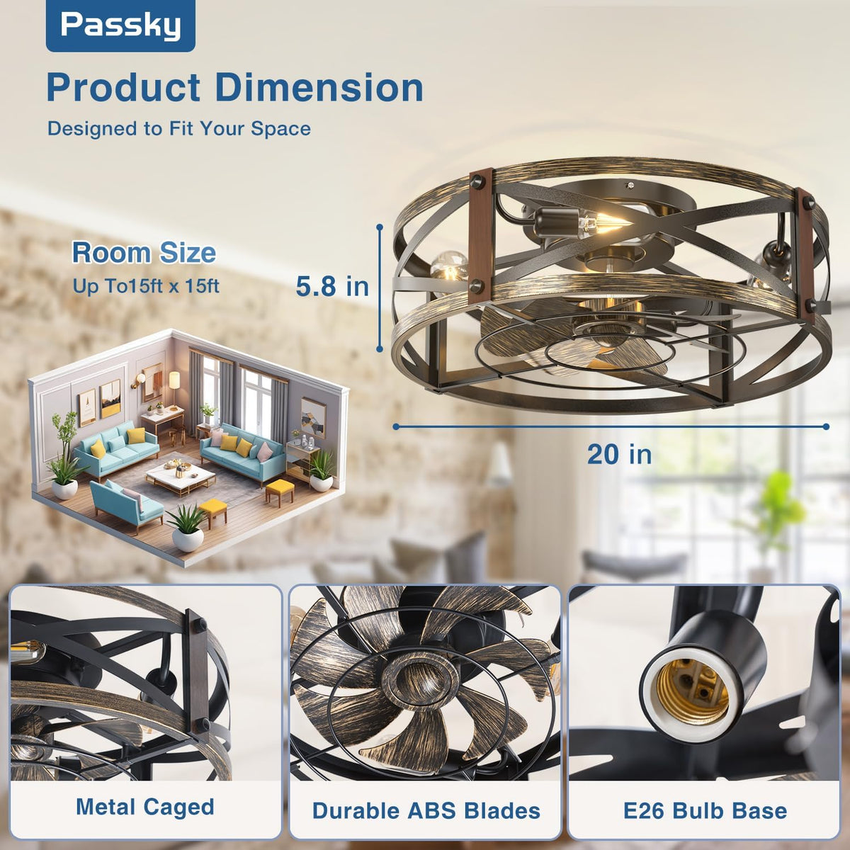 Passky 20" Caged Ceiling Fans with Lights and Remote, Low Profile Fandelier | Reversible DC Motor, 1/2/4H Timer, 6 Speeds, Farmhouse Style, Quiet Operation, for Bedroom, Kitchen, Dining Room, Living Room