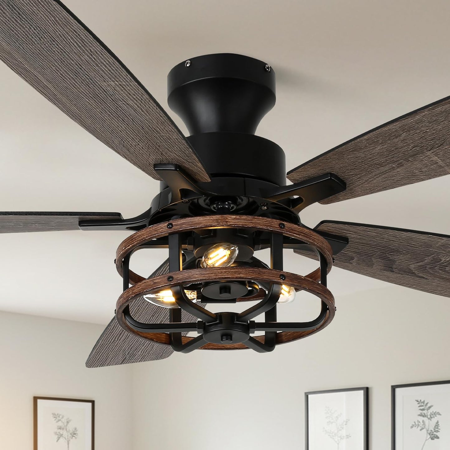 52 Inch Flush Mount Farmhouse Ceiling Fans with Lights and Remote Control | 5 Reversible Blades Vintage Low Profile Ceiling Fan with 3-Light 6 Speeds for Living Room Bedroom Kitchen Dining Room