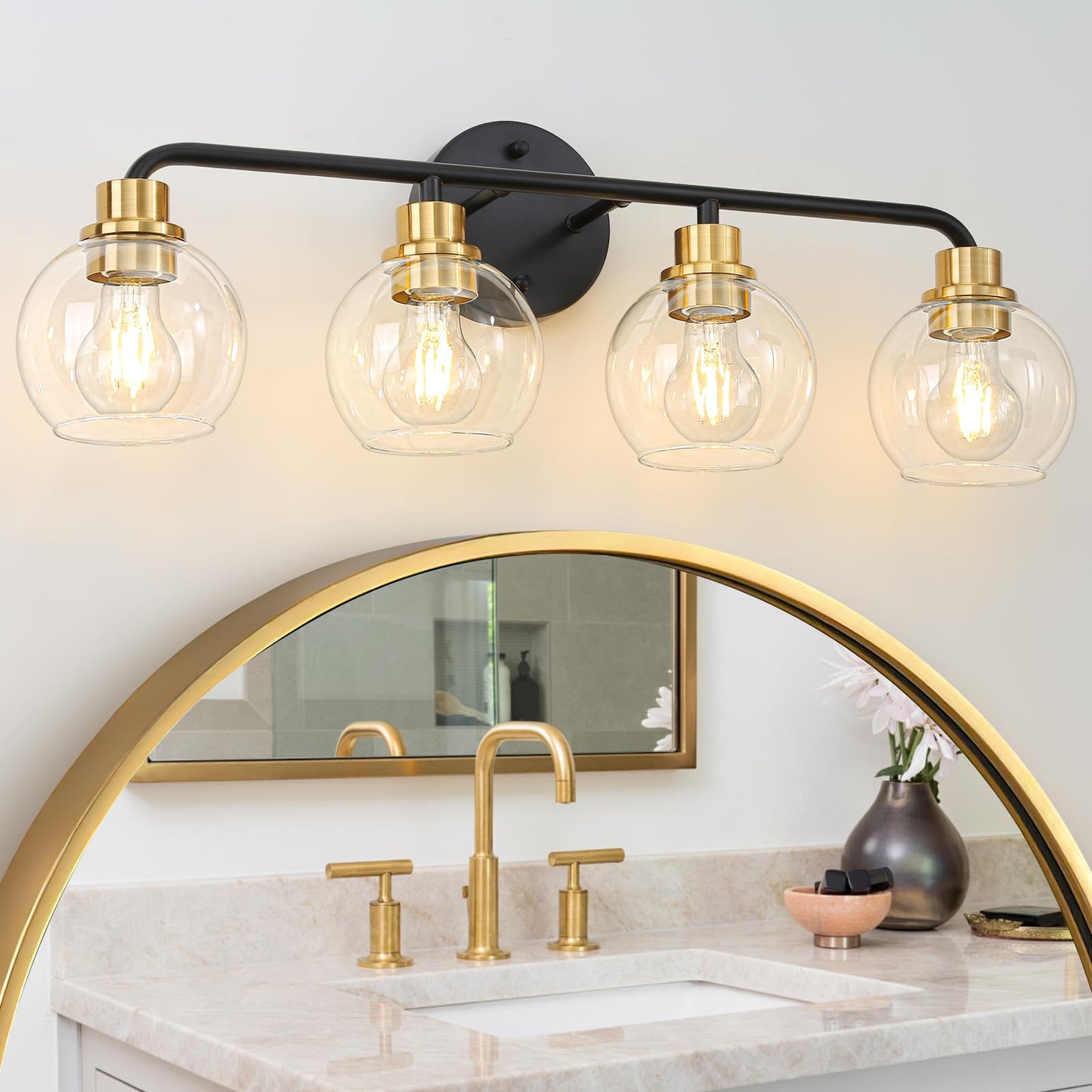 Bathroom Light Fixtures Gold Vanity Light 3 Light Brushed Brass | Wall Sconces Lighting with Clear Globe Glass Shades Bath Wall Lamp for Mirror Kitchen Living Room Bedroom Hallway