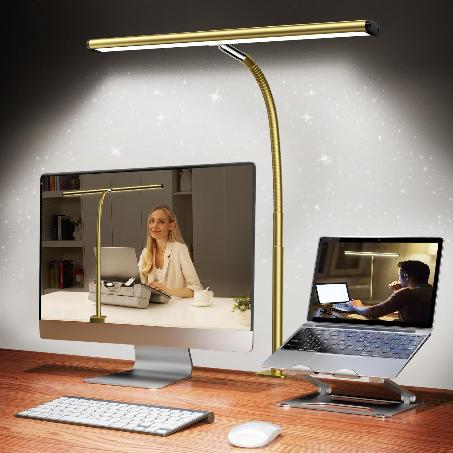 Airlonv LED Desk Lamp with Clamp, 17" Stepless Dimming Light, Black | 2700K-6500K, 100 LEDs, 360° Gooseneck, Fits Up to 30" Monitors, Flicker-Free Lighting for Home Office, Study& Workbench