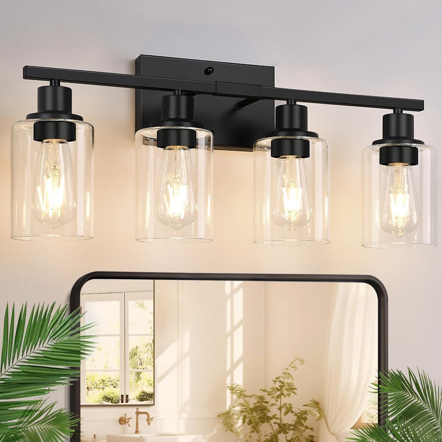 Indoi 4-Light Bathroom Light Fixtures, Matte Black Modern Vanity Lights with Clear Glass Shades, Bathroom Wall Lamp for Mirror Living Room Cabinet Bedroom Porch