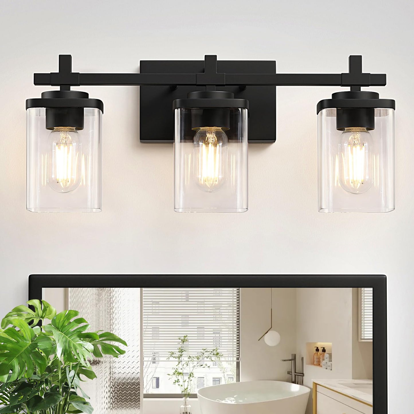 3-Lights Black and Gold Bathroom Light Fixtures Over Mirror, Modern Brushed Gold Vanity Lights for Bathroom, Sconces Wall Lighting with Square Glass Shade for Mirror Bedroom Hallway