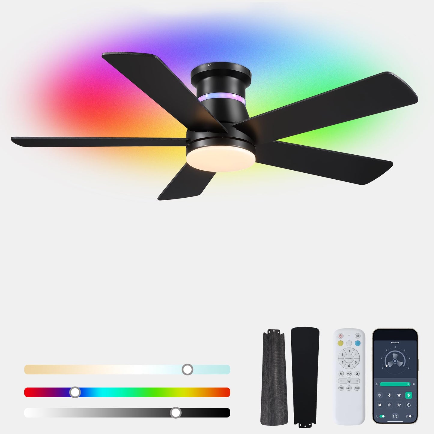 Ayaoty Ceiling Fans with Lights - 52in Flush Mount Ceiling Fan with RGB Dimmable, 3CCT 6 Wind Speeds and Reversible Quiet Motor, Low Profile RGB Fan Light for Modern Indoor, Party - Black