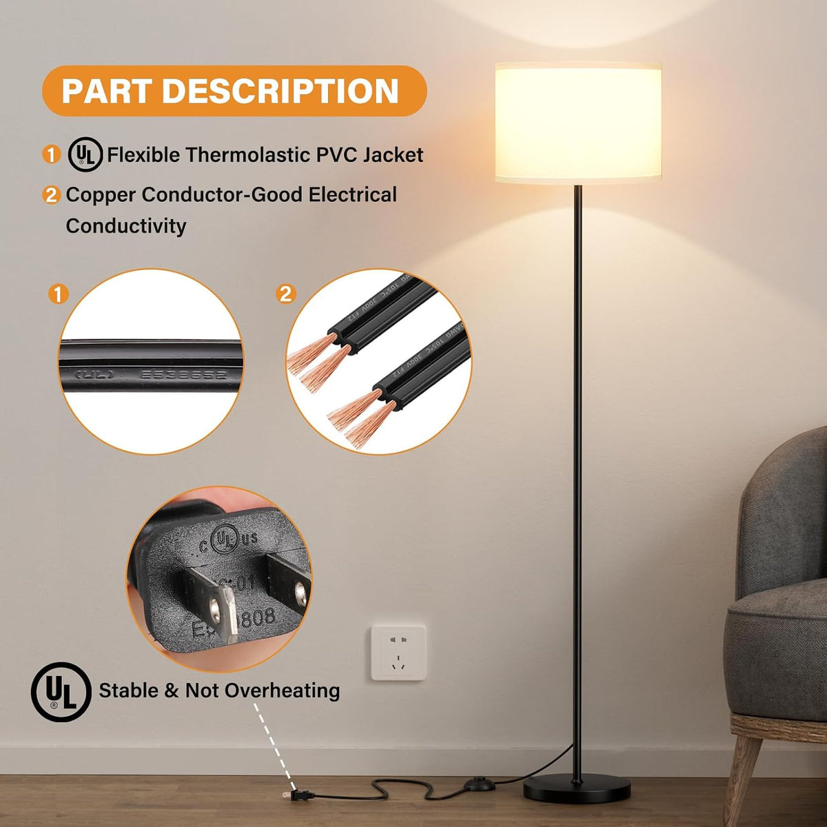 Modern Floor Lamp Simple Design with White Shade & Foot Pedal Switch | 60" Black Floor Lamp(Without Bulb), Tall Lamps for Living Room Bedroom Office Dining Room Kitchen