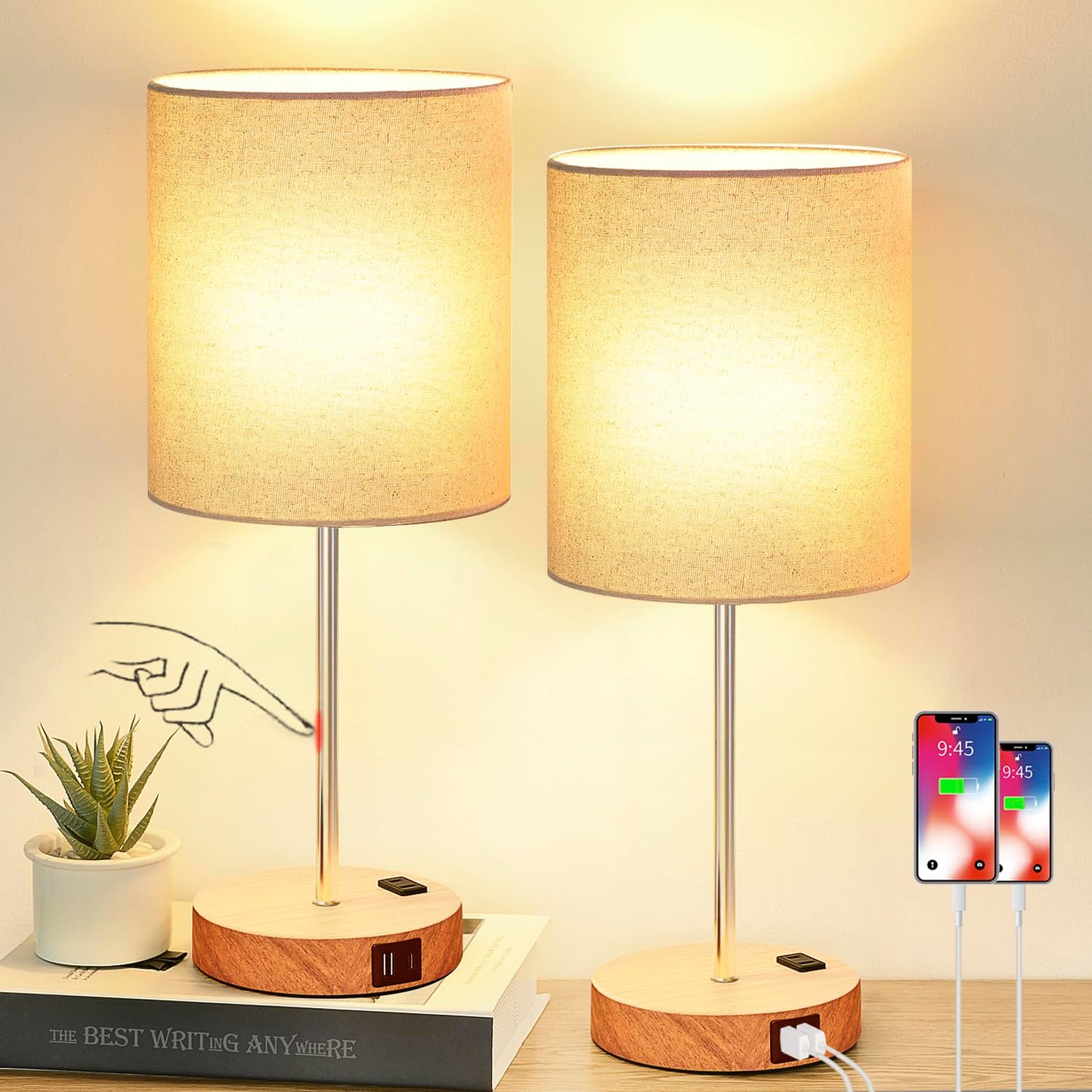 Set of 2 Touch Control Table Lamps with 2 USB & AC Outlet, 3-Way Dimmable Bedside Nightstand Lamps for Bedroom Living Room Nursery, 800 Lumens 5000K Daylight Bulbs Included