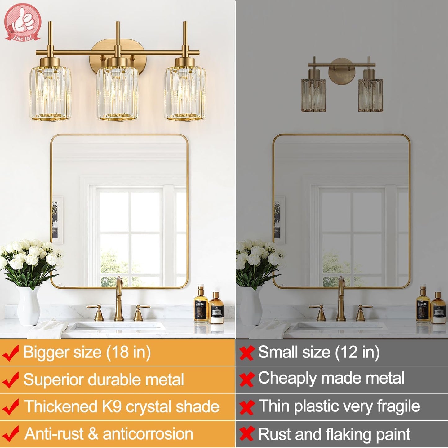 Modern Crystal Bathroom Vanity Light, 3-Light Brushed Gold Bathroom Light Fixtures with Clear Shades, Vanity Lighting Fixtures Over Mirror (Exclude Bulb)
