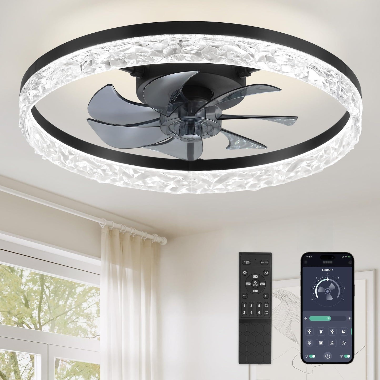 LEDIARY 20" Modern Ceiling Fans with Lights and Remote, White Fandelier | Dimmable Low Profile, Flush Mount Ceiling Fan, Stepless Color Temperature Change, 6 Speeds, Bedroom, Living Room, Kitchen