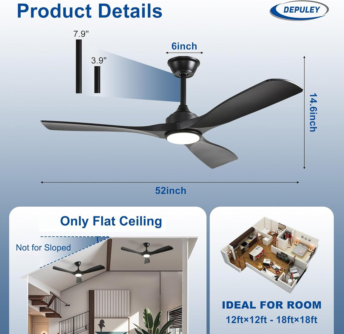 Depuley 52-Inch Ceiling Fan with Light: Black 3 Blade Outdoor Fans for Patios - Dimmable Indoor Fan with Remote Control Fandelier for Living Room Bedroom Porch Quiet Motor Reversible 6 Speed Timer