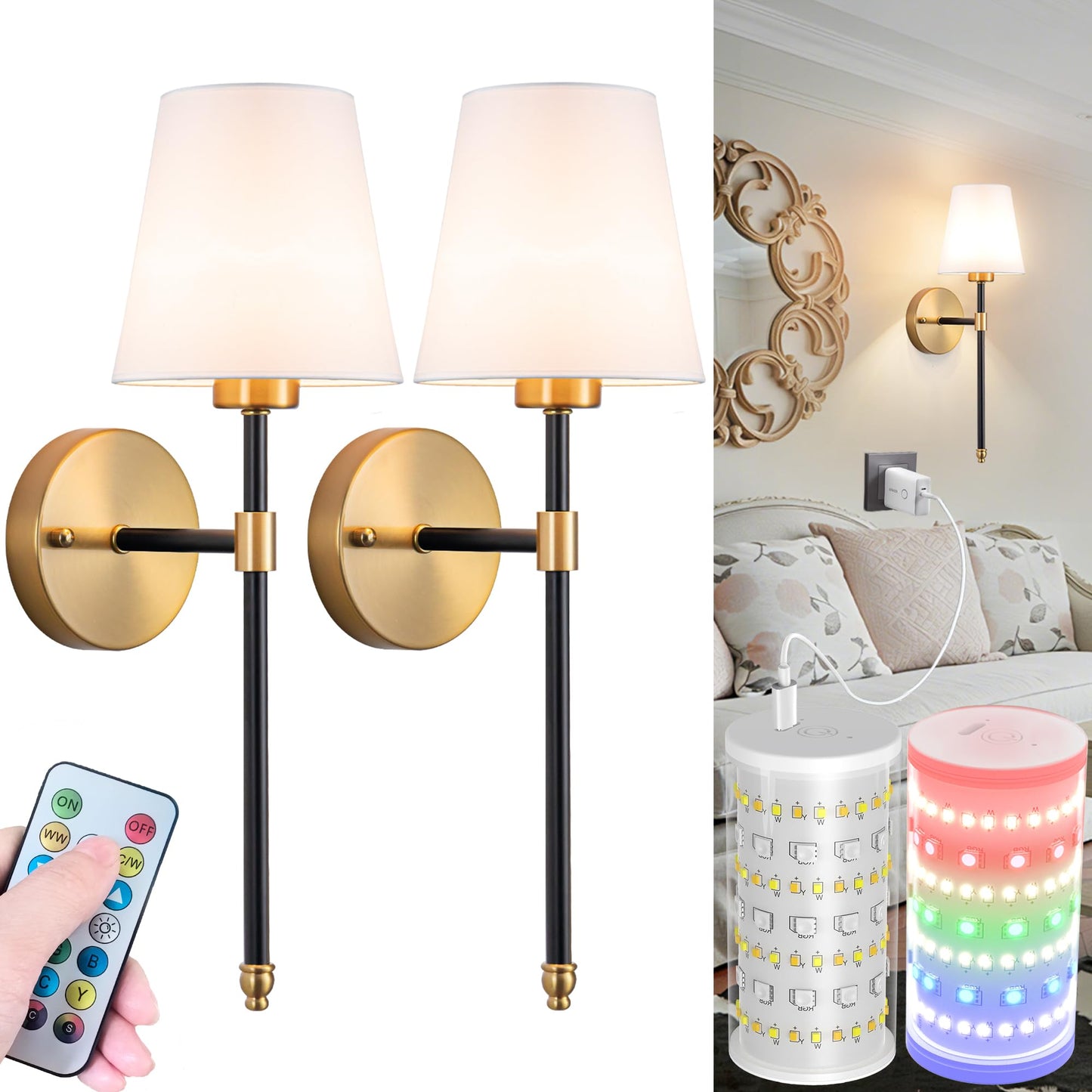 Nekhung Battery Operated Wall Sconce, Peel and Stick Sconces Set of 2 | Wireless Adhesive Stick On Wall Sconce, 10000mAh Rechargeable RGB Bulb with Remote, No Drill Wall Light for Bedroom Decor