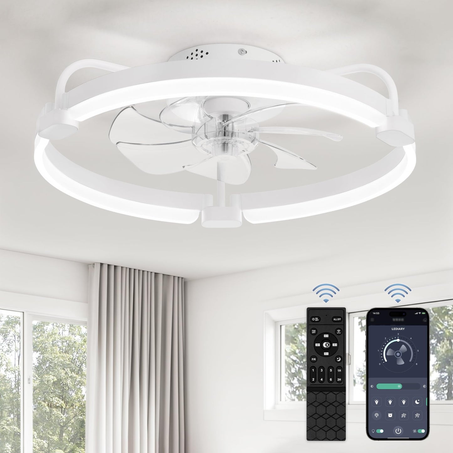 LEDIARY 20" Ceiling Fans with Lights and Remote, Low Profile Led Fan Light | Flush Mount, Stepless Dimmable Fandelier, 6 Speeds, 3 CCT, Quiet Reversible DC Motor, 2H Timer, Bedroom, Living Room, Black