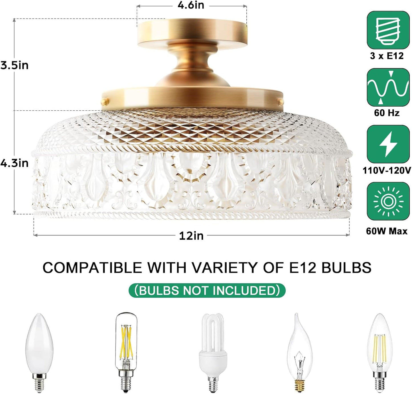 Lamomo Semi Flush Mount Ceiling Light, Golden Hallway Fixture, 12in | 3 Bulb Globe Glass Close to Sconce, kitchen lights, Indoor Hanging Lamp for Bedroom Kitchen Porch Hallway, Bulbs Not Included