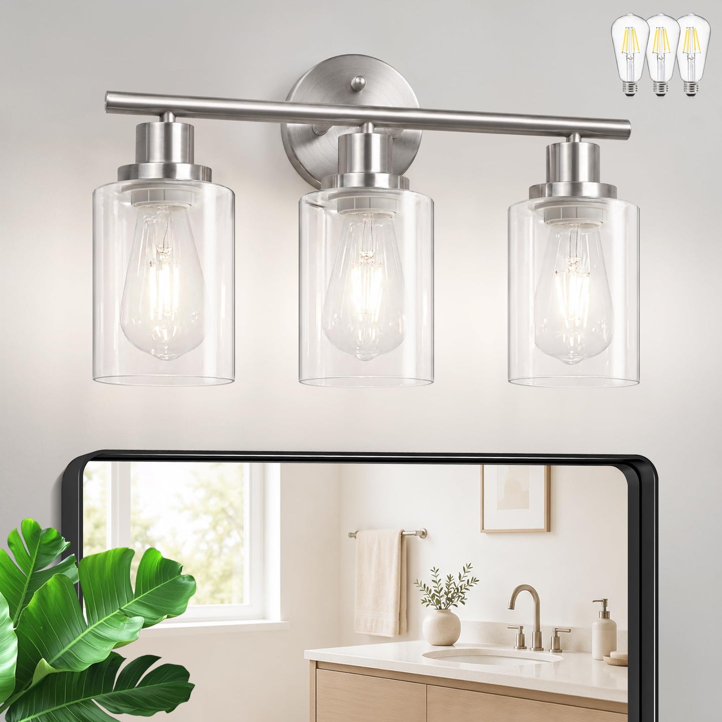 Modern Bathroom Light Fixtures, 3 Light Vanity Lights, Black Wall Lamp with Clear Glass for Bathroom, Mirror, Living Room, Bedroom, Hallway, E26 Base