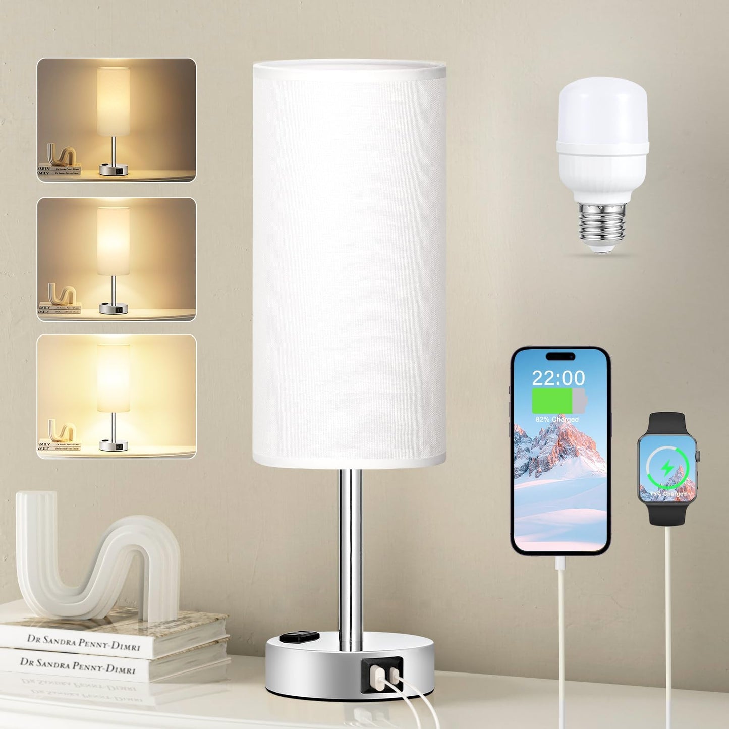 Bedside Table Lamp for Bedroom - Dimmable Touch, USB A+C, AC Outlet | 3-Way Dimmable, LED Bulb Included, Fabric Lampshade, Wood-Grain Metal Base, 14" Small Nightstand Lamp for Desk, Living Room