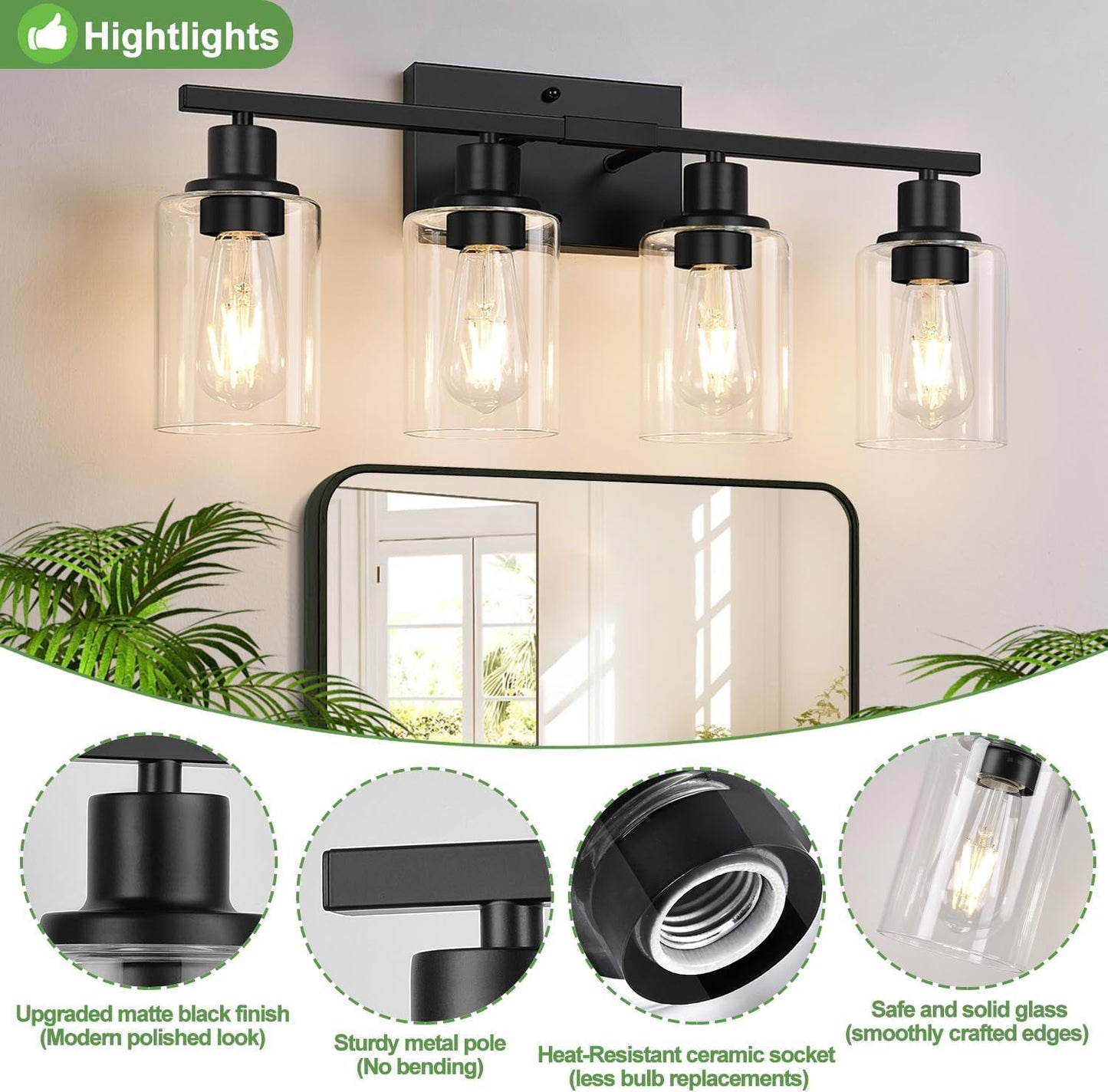 Indoi 4-Light Bathroom Light Fixtures, Matte Black Modern Vanity Lights with Clear Glass Shades, Bathroom Wall Lamp for Mirror Living Room Cabinet Bedroom Porch