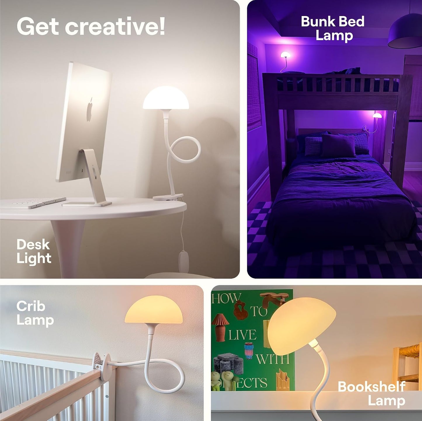 Shroommate Dorm Room Essential Clip On Bed Light - Headboard and Bedside Table Lamp, Flexible Reading Lamp, Night Light for Kids Nursery, Clip on for Desk, MultiColor LEDs, Adapter Included (Black)