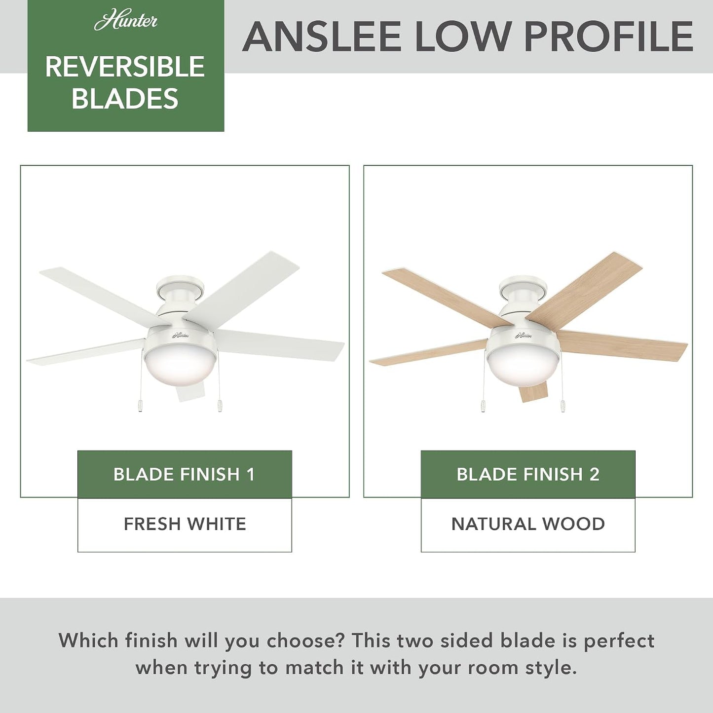 Hunter Anslee, Indoor, Ceiling Fan, with LED Light, 46 inch, Fresh White | Low Profile Mount, Pull Chain, 5 Blades, For Bedroom, Living Room, Kitchen, 59269