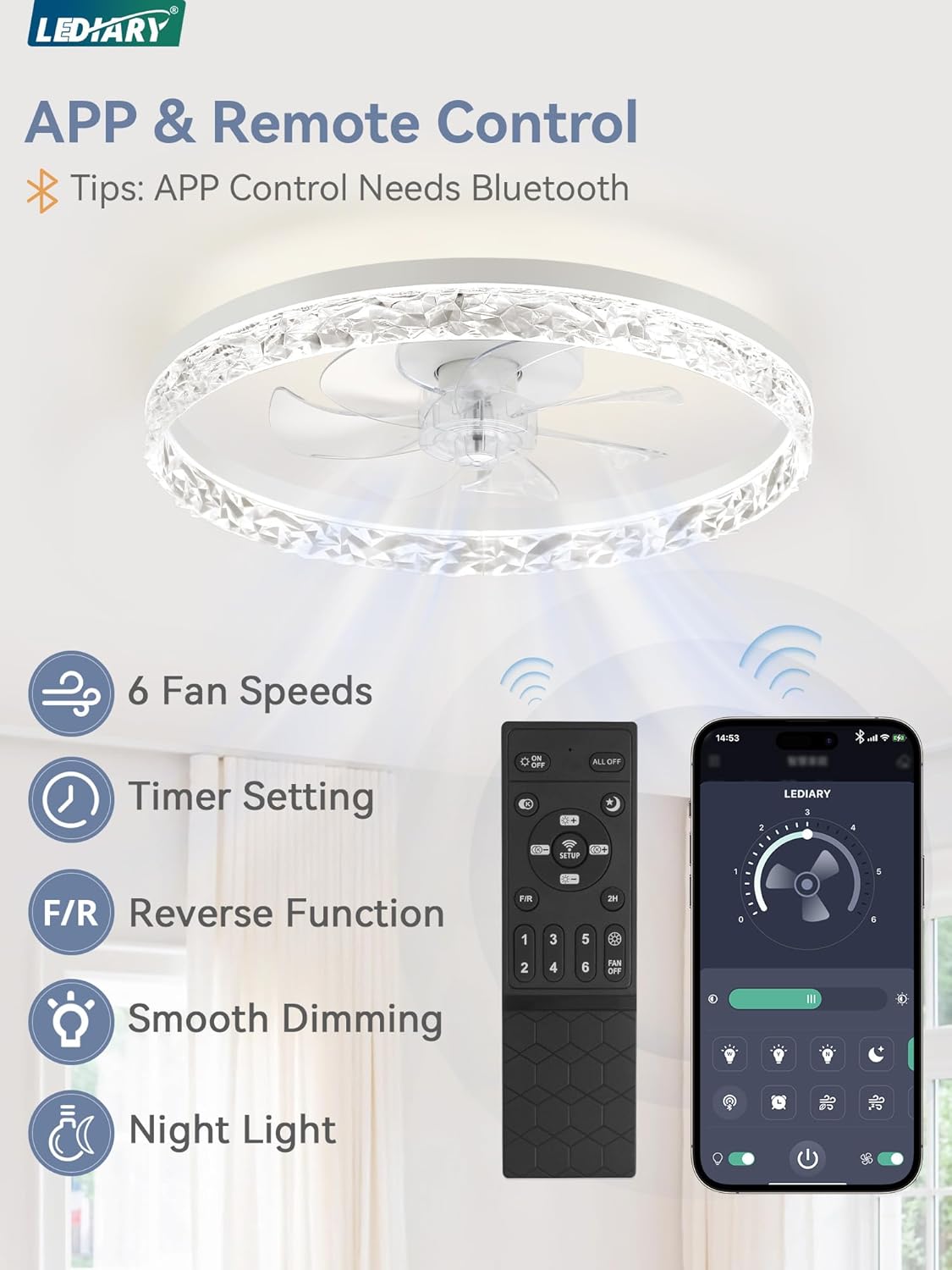 LEDIARY 20" Modern Ceiling Fans with Lights and Remote, White Fandelier | Dimmable Low Profile, Flush Mount Ceiling Fan, Stepless Color Temperature Change, 6 Speeds, Bedroom, Living Room, Kitchen