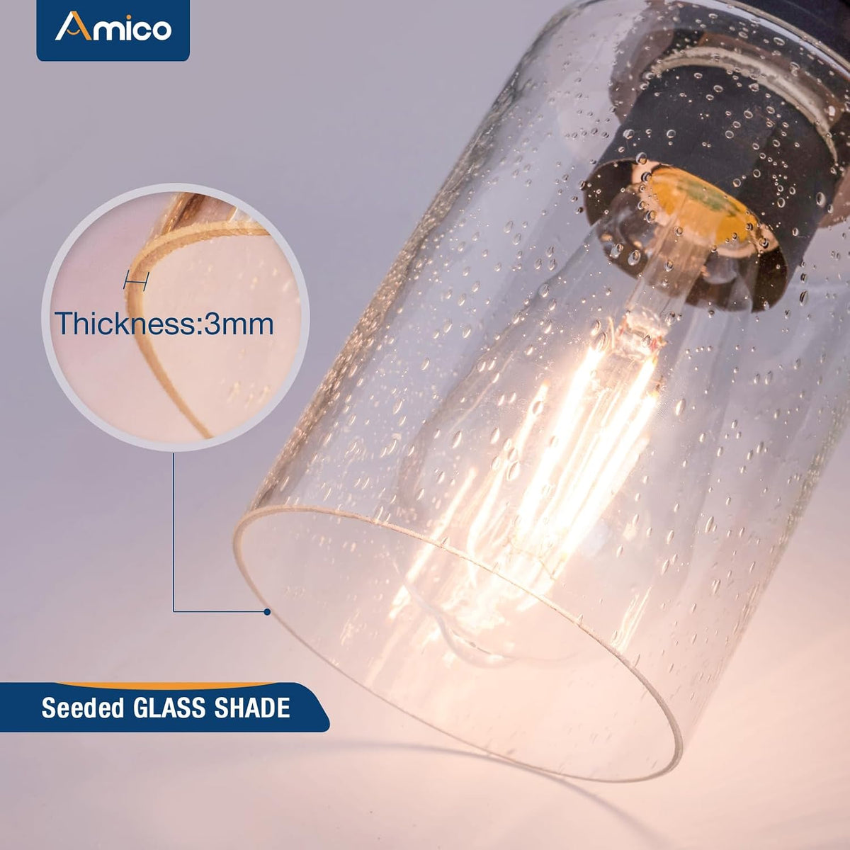 Amico 3-Light Farmhouse Bathroom Vanity Light, Seeded Glass, Black & Wood | Bubble Glass Shade Wall Sconce, Over Mirror Lighting for Bathroom, Bedroom, Living Room, Hallway, Powder Room, Entryway