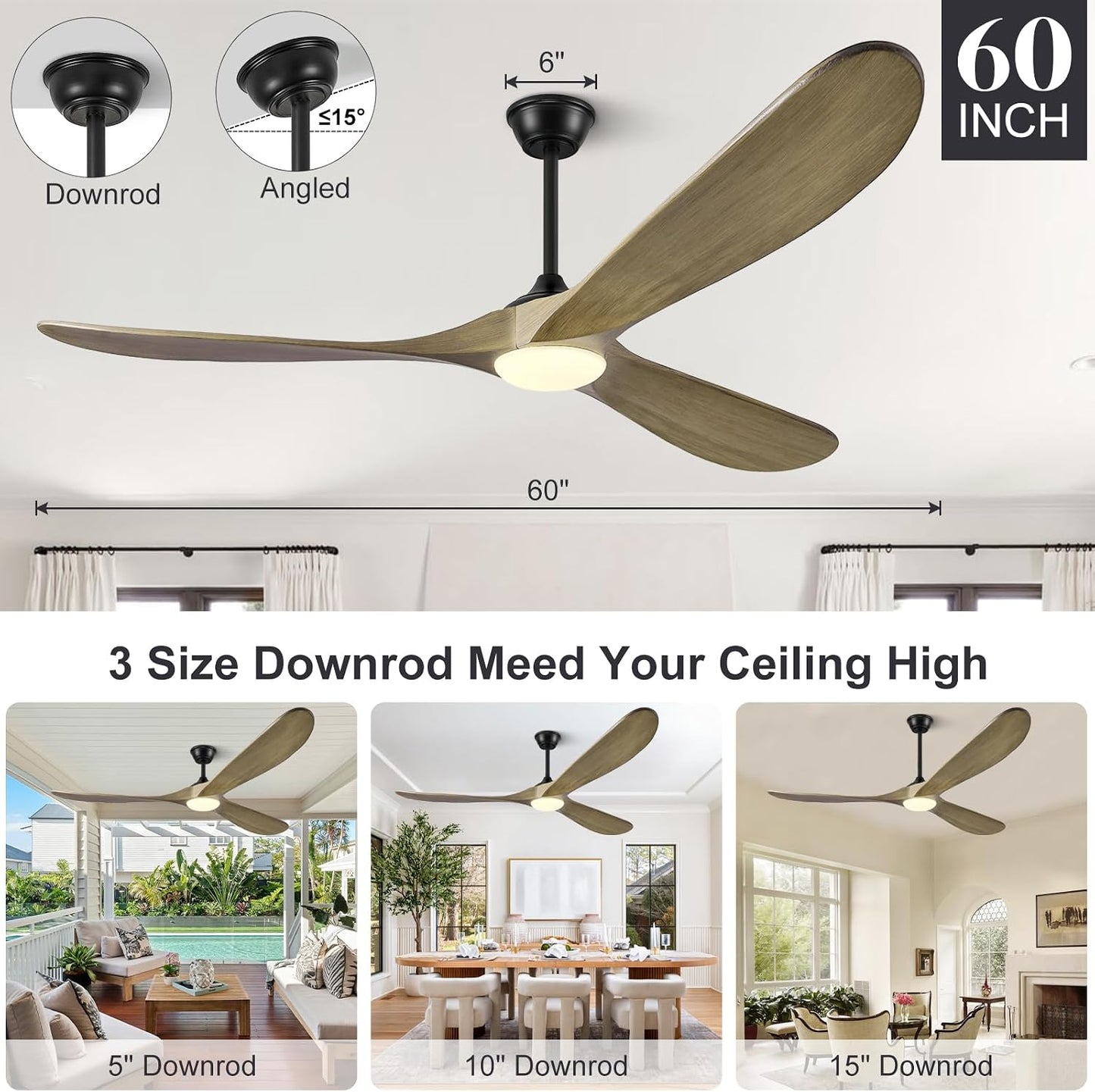 Eliora 60 Inch Ceiling Fans with Lights, Wood Outdoor Ceiling Fan for Patio and Remote Control Rustic Propeller Large Ceiling Fans with Light Farmhouse Indoor Quiet High cfm, Bronze Gray