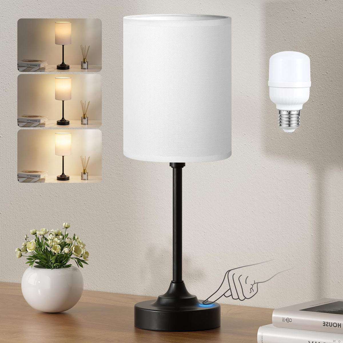 Bedside Table Lamp for Bedroom - Dimmable Touch, USB A+C, AC Outlet | 3-Way Dimmable, LED Bulb Included, Fabric Lampshade, Wood-Grain Metal Base, 14" Small Nightstand Lamp for Desk, Living Room