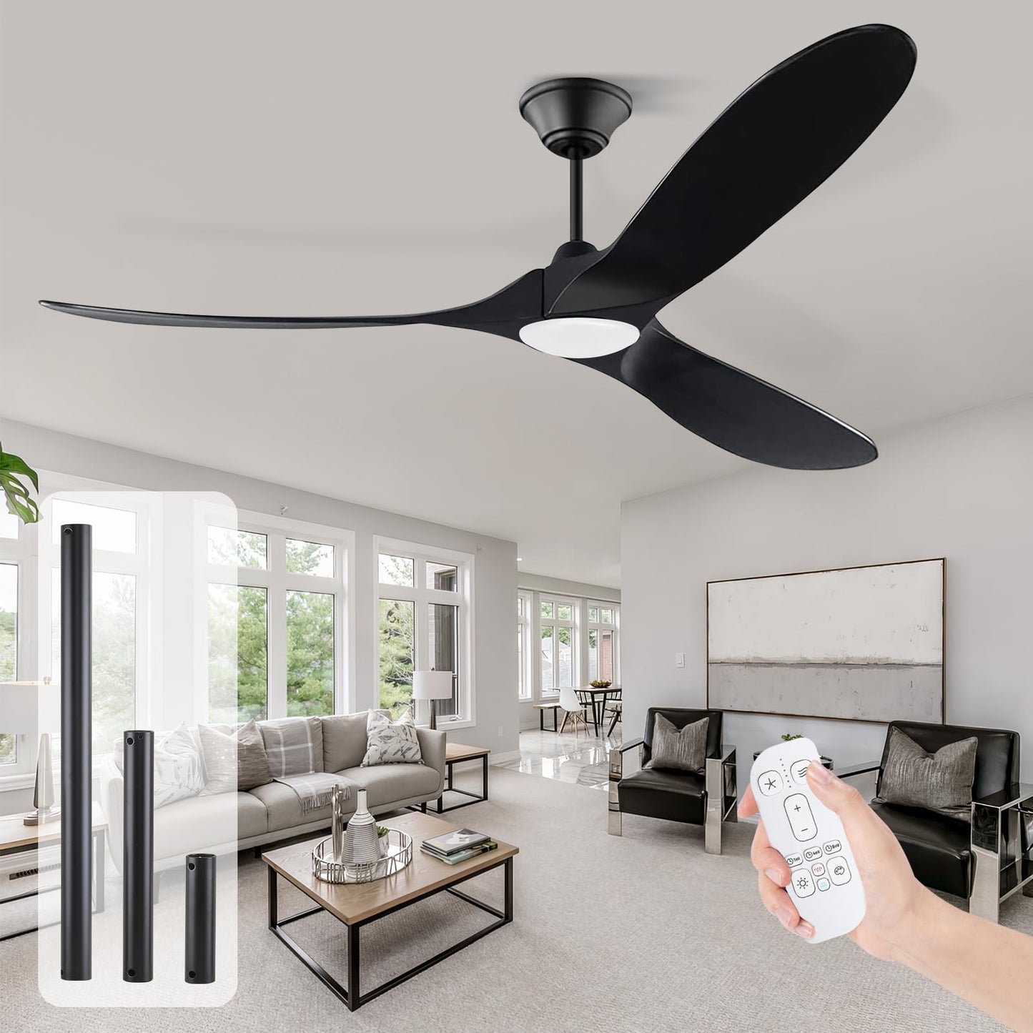 60 inch Outdoor Ceiling Fan for Patios with Light, Farmhouse style | 3 Blades Wood Ceiling Fan, Damp Rated Large Airflow Commercial Ceiling Fans for Exterior House Porch Gazebo