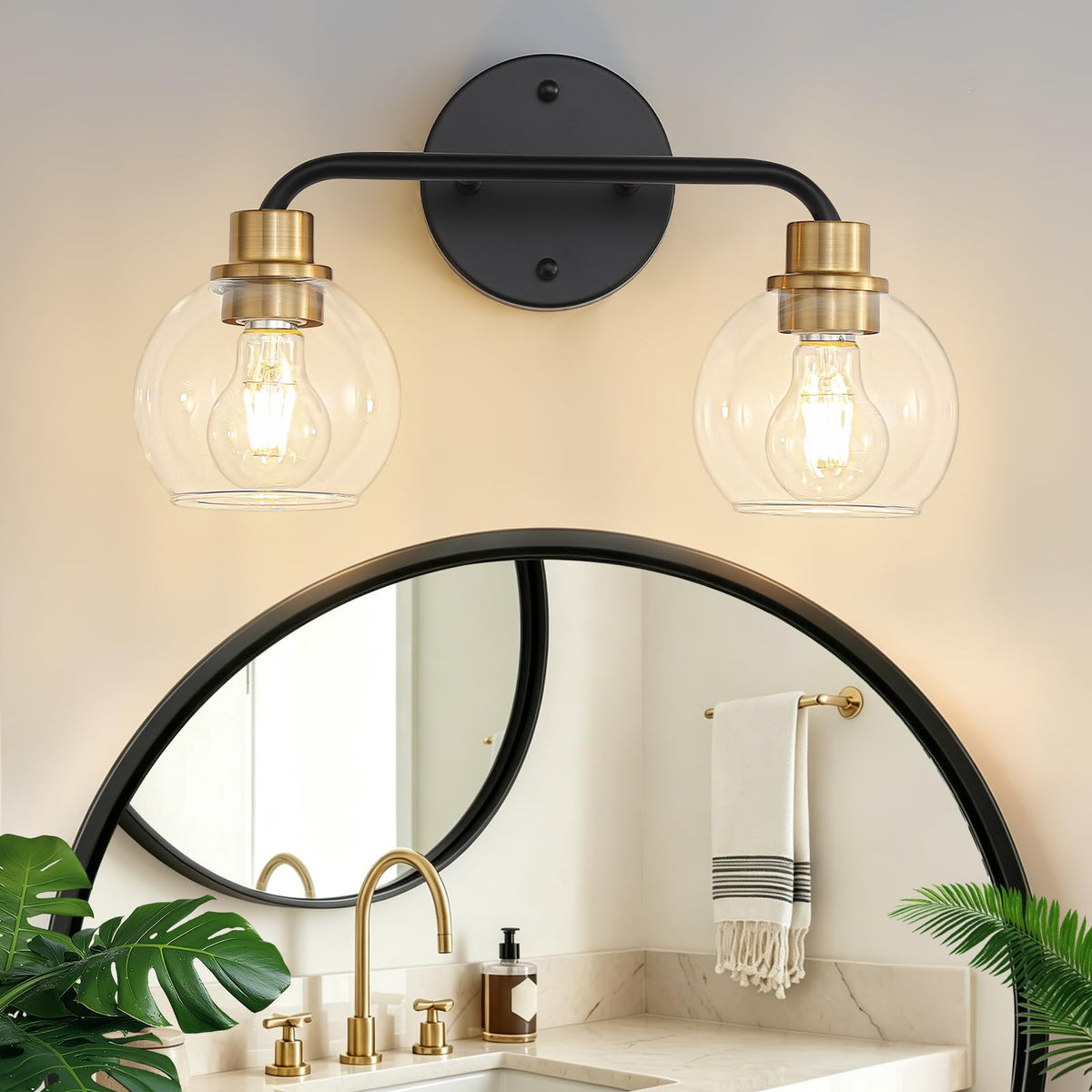 Bathroom Light Fixtures Gold Vanity Light 3 Light Brushed Brass | Wall Sconces Lighting with Clear Globe Glass Shades Bath Wall Lamp for Mirror Kitchen Living Room Bedroom Hallway
