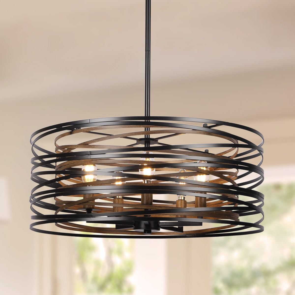 12.6'' Farmhouse Chandeliers for Dining Room, 3-Light Industrial Metal Hanging Light Fixture, Rustic Drum Pendant Light for Entryway Kitchen Foyer Bedroom, Black with Retro Wood Texture Interior