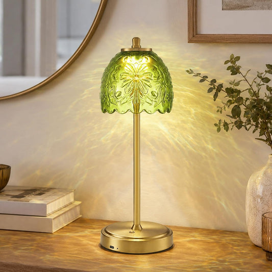 Hamilyeah Gold Cordless Table Lamp, 5000mAh Rechargeable Battery Operated Lamp with Green Embossed Floral Glass Shade, 3 Color Modes & 5 Brightness Levels for Bedroom Nightstand, Living Room