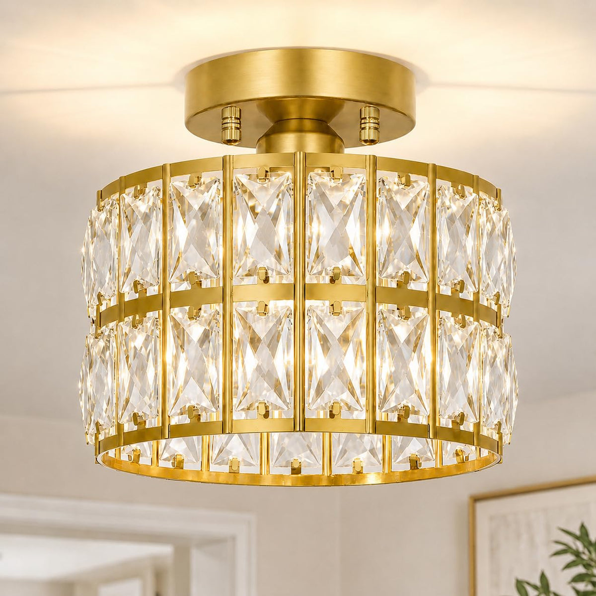 Crystal Ceiling Light Fixture, Modern Semi Flush Mount Ceiling Light, Gold Hallway Lighting Fixtures Chandelier for Kitchen, Close To Ceiling Light Fixtures for Entryway Bedroom, 1-Light, 11Inch