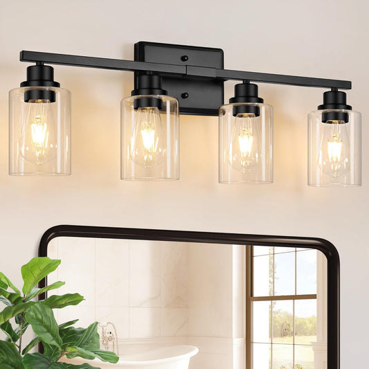 Modern Bathroom Light Fixtures, 4 Light Vanity Lights Over Mirror, Black Wall Lamp with Clear Glass for Living Room Cabinet Bedroom Porch