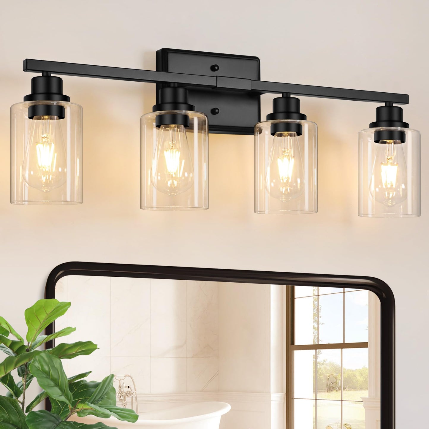 Modern Bathroom Light Fixtures, 4 Light Vanity Lights Over Mirror, Black Wall Lamp with Clear Glass for Living Room Cabinet Bedroom Porch