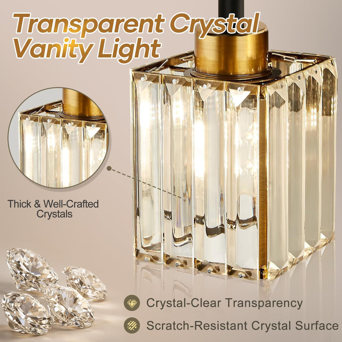 Torondo Modern Crystal Bathroom Vanity Light 4-Lights Gold Bathroom Light Fixtures Over Mirror Black and Gold Vanity Lighting Fixtures Gold Square Shade Brass Wall Sconce (Bulbs Not Include)