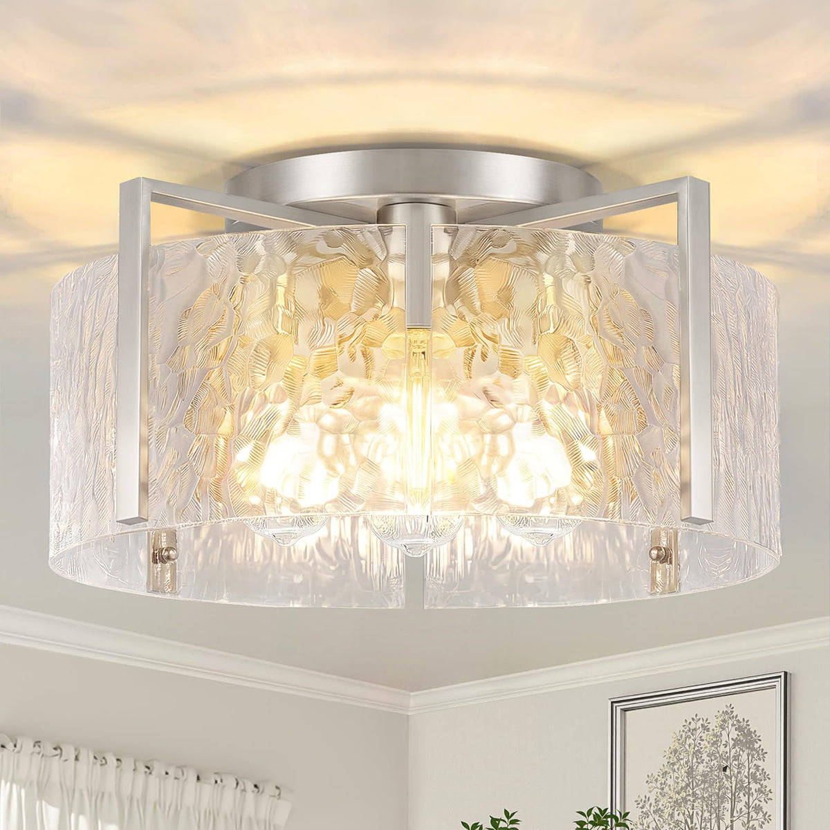 16" Semi-Flush Mount Ceiling Light, 4-Light Hammered Glass Drum Fixture | OYKYOHEI Indoor Lighting for Bedroom Hallway Entryway Kitchen Foyer Living Room Laundry Decor, Black Modern Dimmable E26