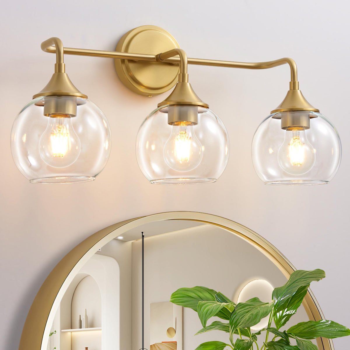 Gold Bathroom Light Fixtures 3-Light Farmhouse Vanity Light 22" | Modern Vanity Lighting Fixtures Over Mirror, Thickened Clear Glass Shade, UL E26 Dimmable