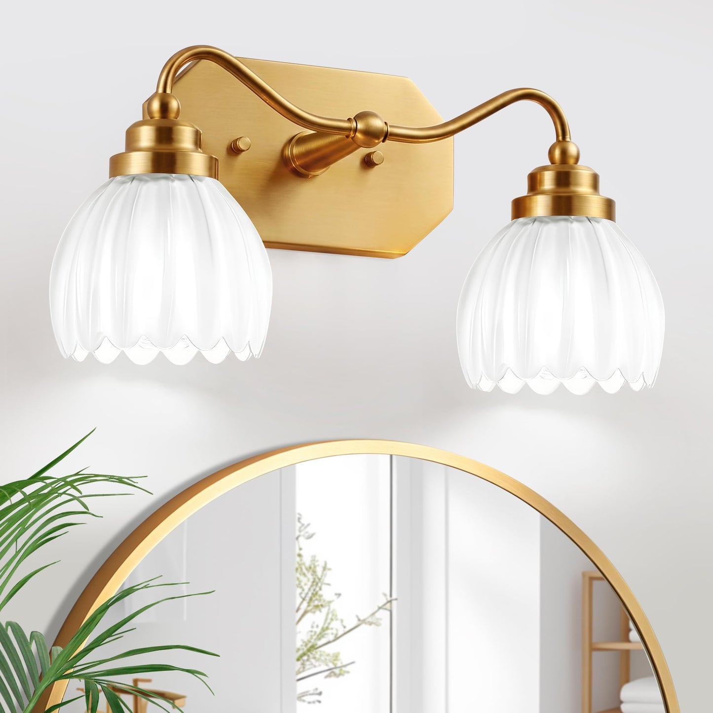 3 Light Gold Vintage Vanity Lights, Antique Brass Finish | Clear Tulip Crystal Shades,Brushed Gold Bathroom Light Fixtures,Wall Sconce Ideal for Bedroom, Hallway, Easy to Install