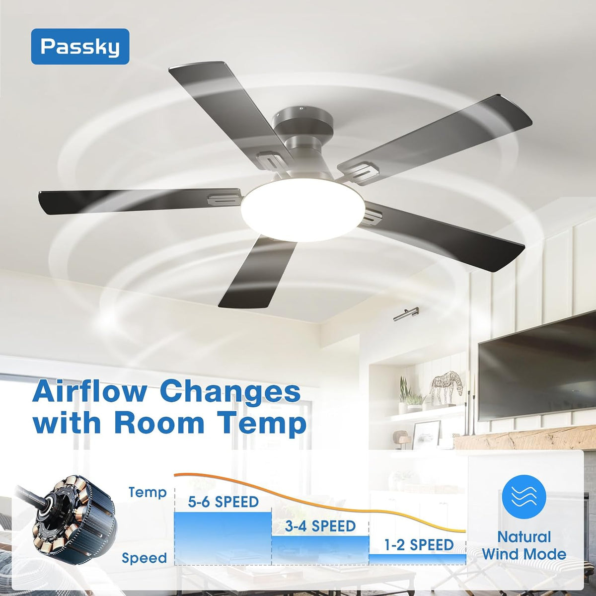 Passky 52 Inch Black Low Profile Ceiling Fans with Lights and Remote | Flush mount, 3-color dimmable light, quiet reversible DC motor, easy install, memory, APP, bedroom, covered outdoor areas