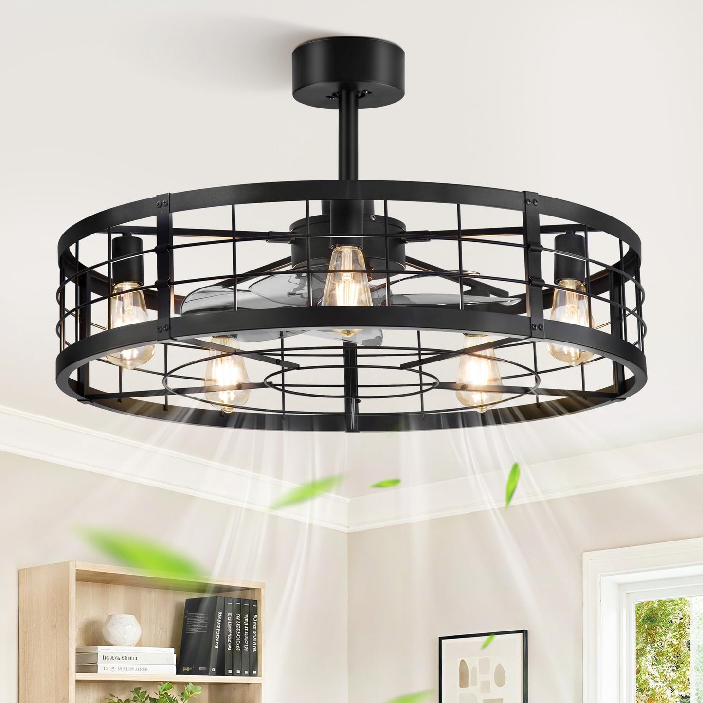 LEDIARY 20 inch Fandelier Caged Ceiling Fan with Light and Remote, Black | 6 Speed Adjustable,Timing, Quiet & Powerful DC, Small, Farmhouse, Industrial, Enclosed, Bladeless, Bedroom, Kitchen, Downrod