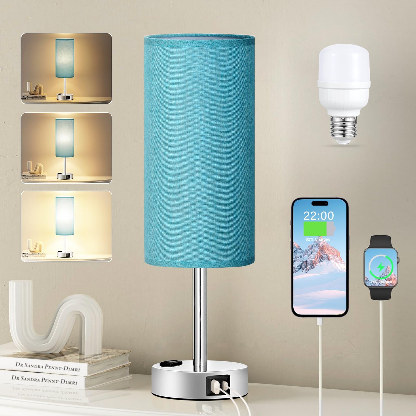 Bedside Table Lamp for Bedroom - Dimmable Touch, USB A+C, AC Outlet | 3-Way Dimmable, LED Bulb Included, Fabric Lampshade, Wood-Grain Metal Base, 14" Small Nightstand Lamp for Desk, Living Room