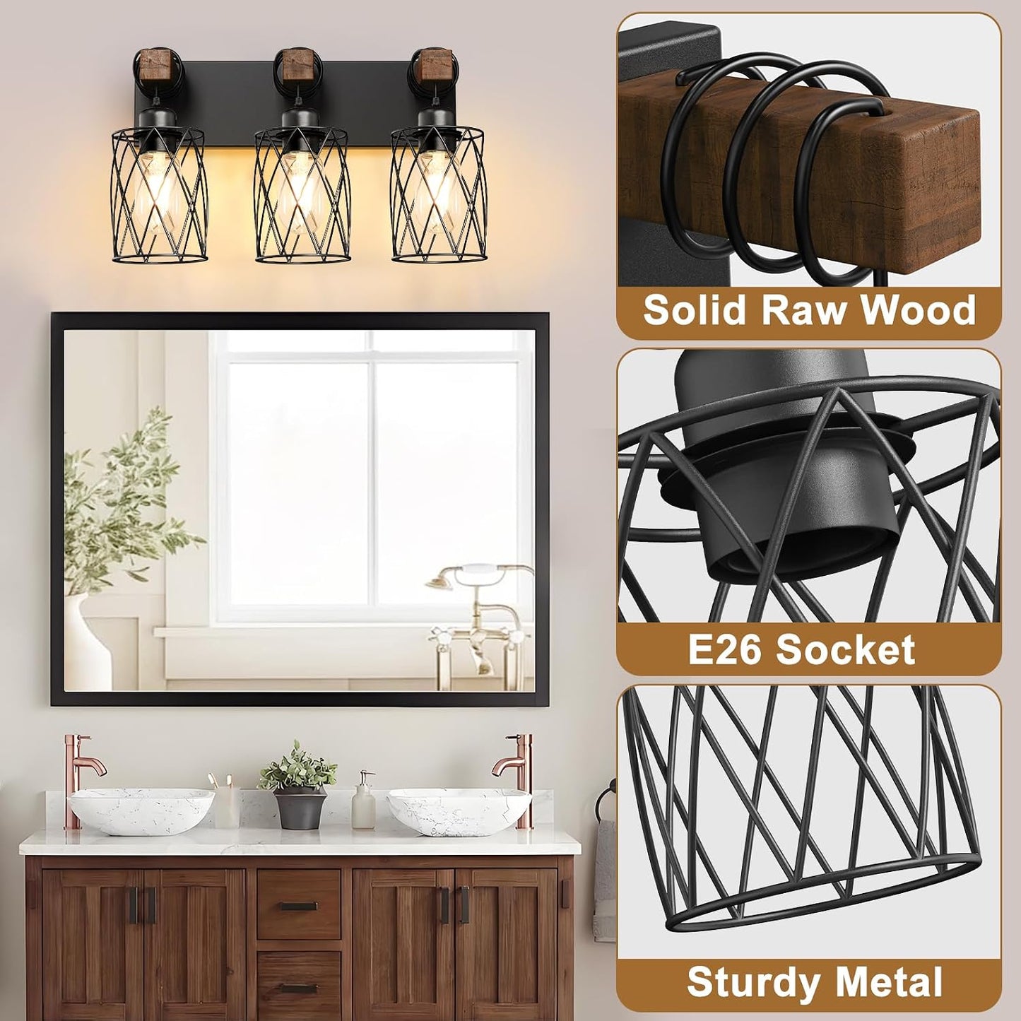 IZORRO Farmhouse Bathroom Vanity Light, 3-Light Wood Bathroom Light Fixtures Over Mirror, Black Industrial Vanity Lights with Metal Shade, Rustic Restroom Lighting Fixtures