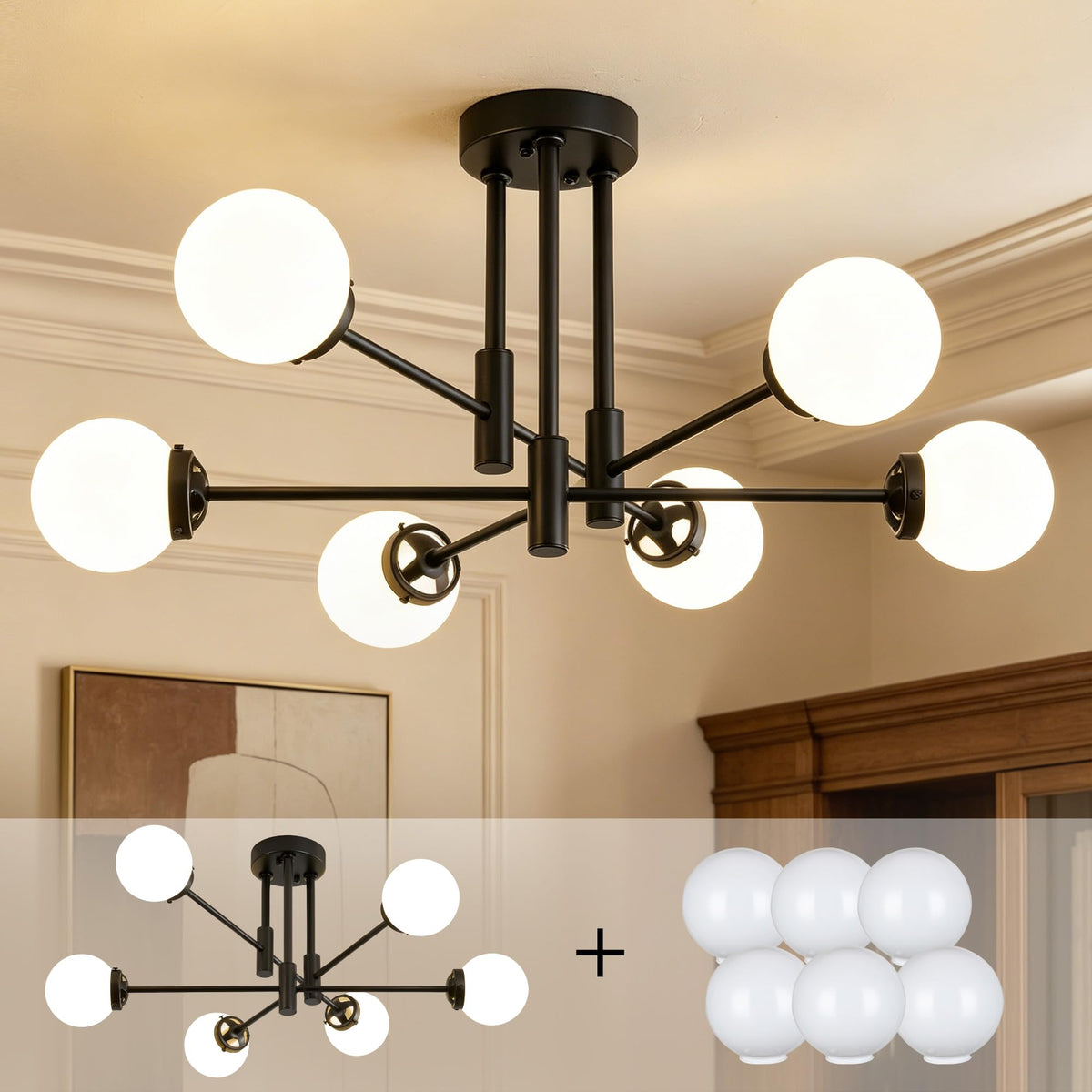 Modern Chandelier Ceiling Light Fixture, 6-Light Sputnik Dining Chandeliers | 31.18" Gold Chandelier Over Table, Mid Century Lights Fixture, Ideal for Dining Room Living Room Kitchen Island(No Lampshade)