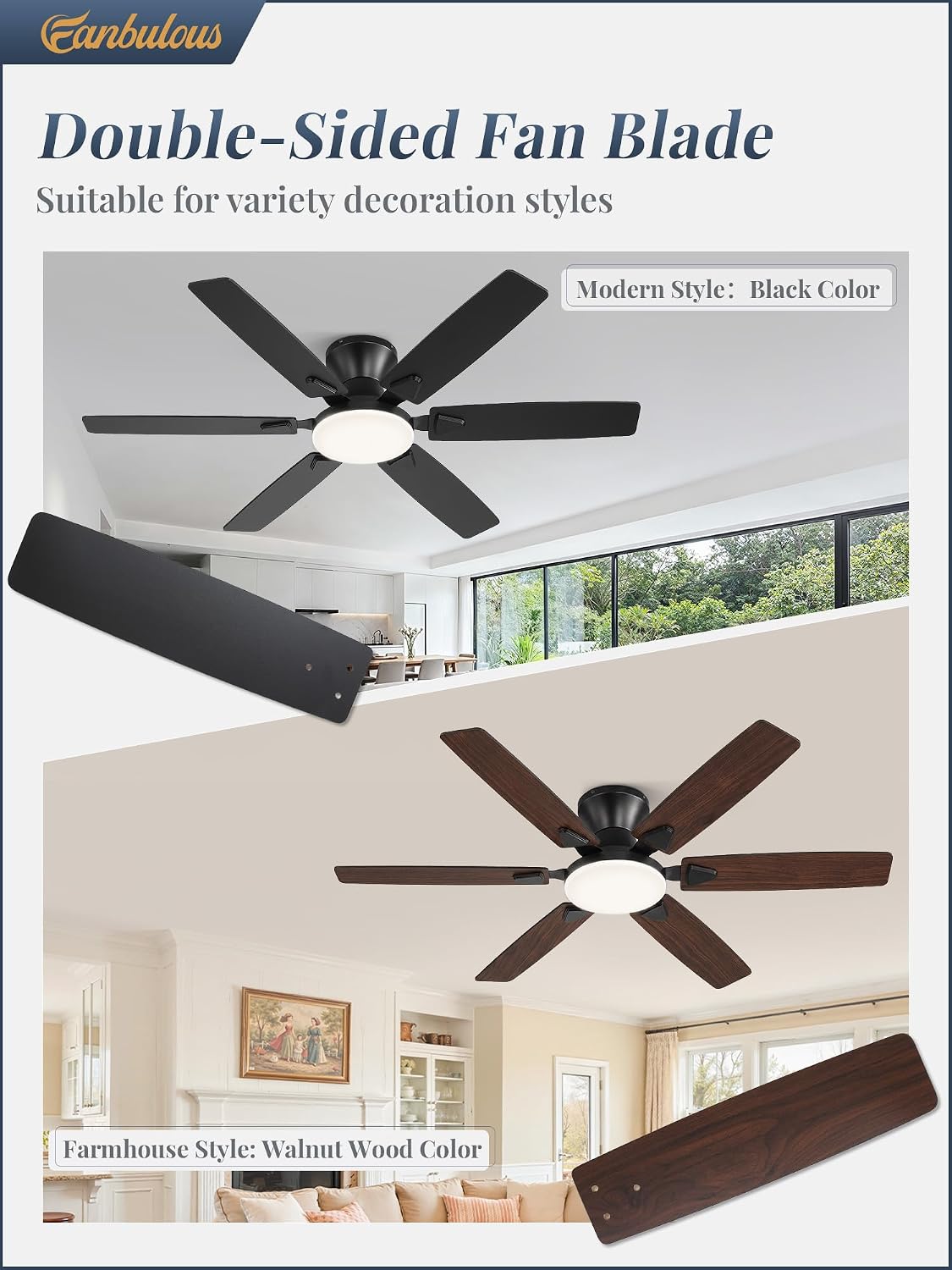 Fanbulous 52 Inch Flush Mount Ceiling Fans with Light, Remote & APP Control | 6-Blade Gentle Breeze,Quiet DC Motor, 3CCT,Dimmable,Memory Function,Reversible, Damp-Rated, Living Room,Bedroom,Covered Patio