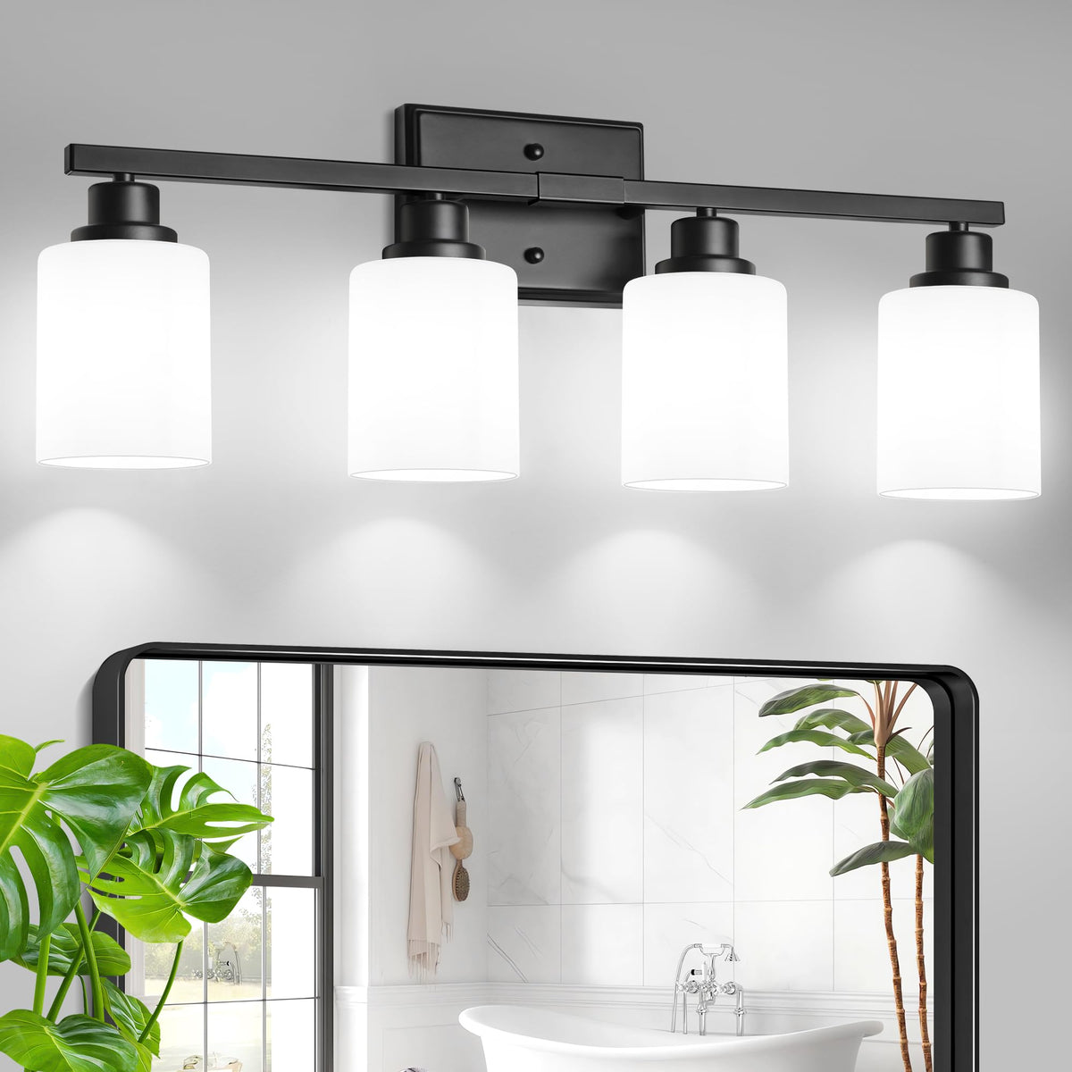 Modern Bathroom Light Fixtures, 4 Light Vanity Lights Over Mirror, Black Wall Lamp with Clear Glass for Living Room Cabinet Bedroom Porch
