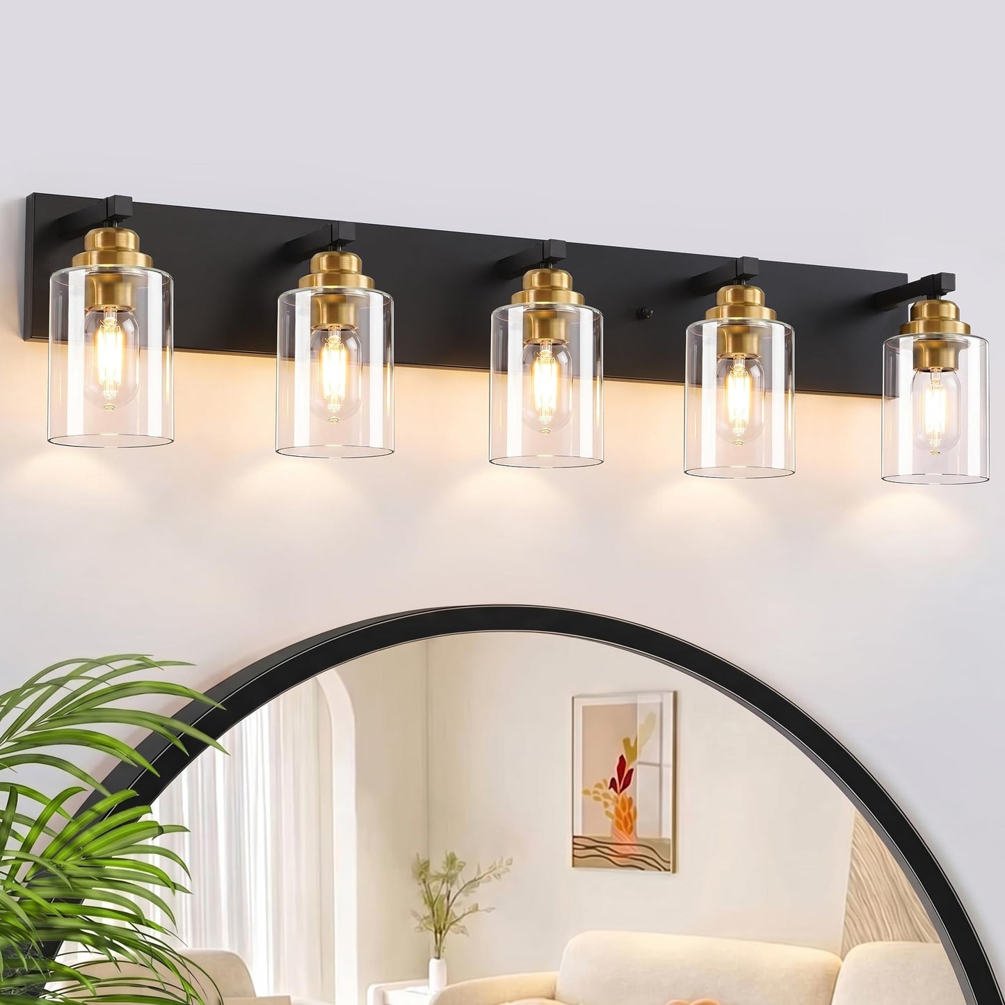 Farmhouse 3-Light Bathroom Vanity Light Fixtures, Black and Wood | 18.8″ Rustic Matte Black Metal Frame, Clear Glass Shades, Vintage Wall Sconces Lighting Over Mirror, for Bathroom Restroom